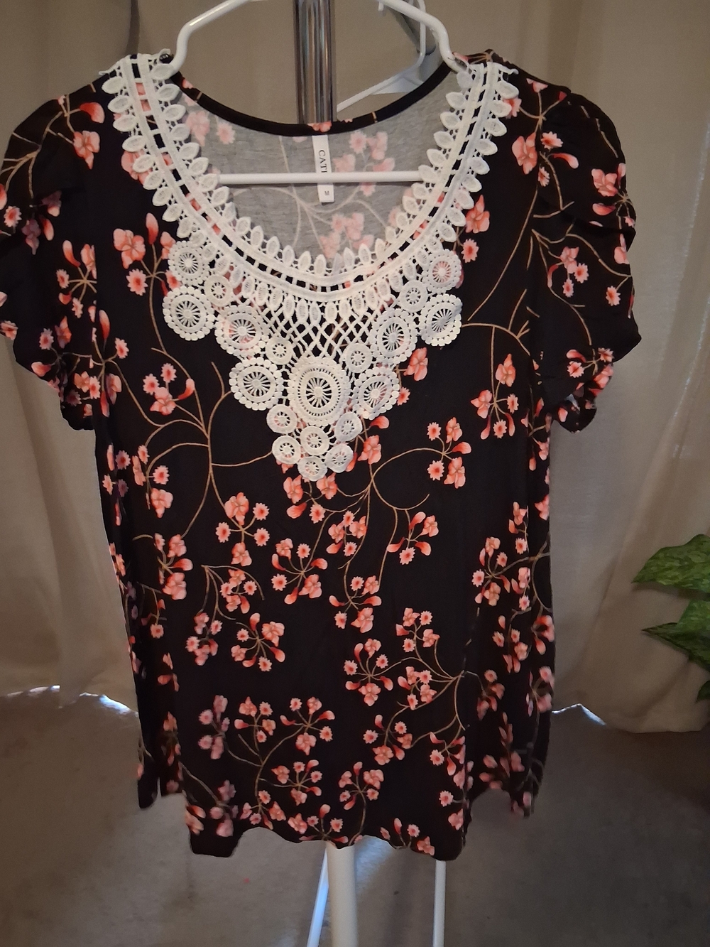 Cato Black Floral Short Sleeve Tee with Crochet Lace V-Inset